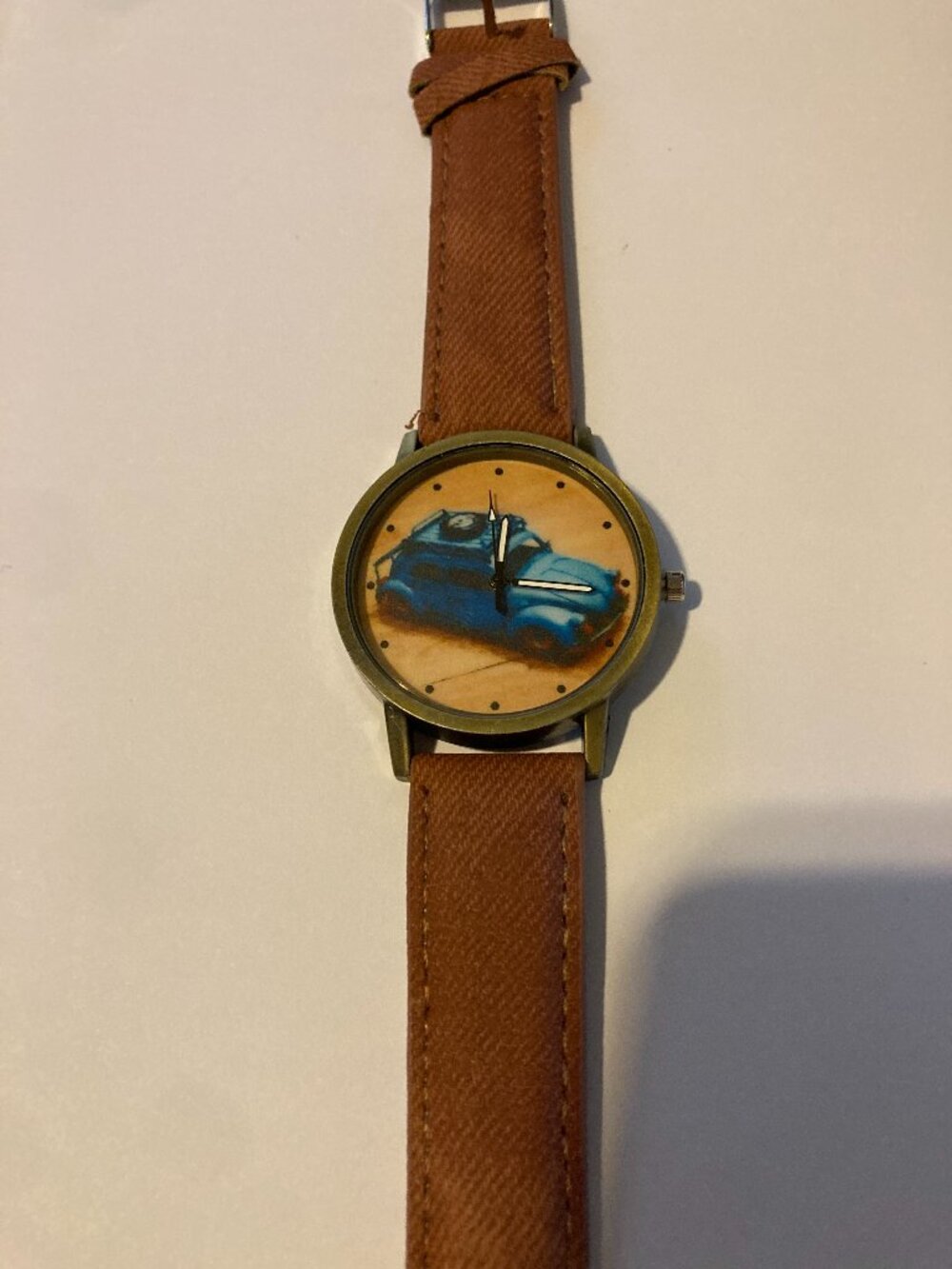 Vintage Style Blue Car Graphic Watch with Brown Strap